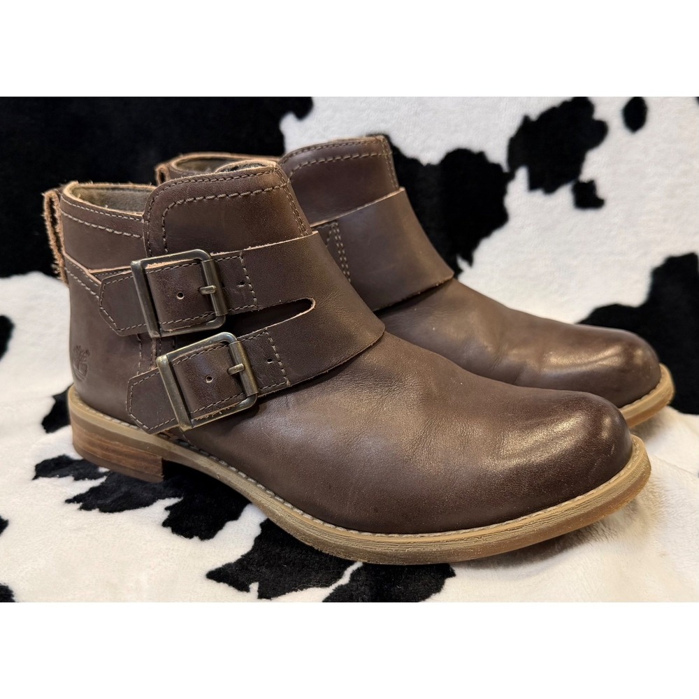 Timberland EarthKeepers Dark Brown Leather Double Buckle Moto Ankle Boots Size 6
